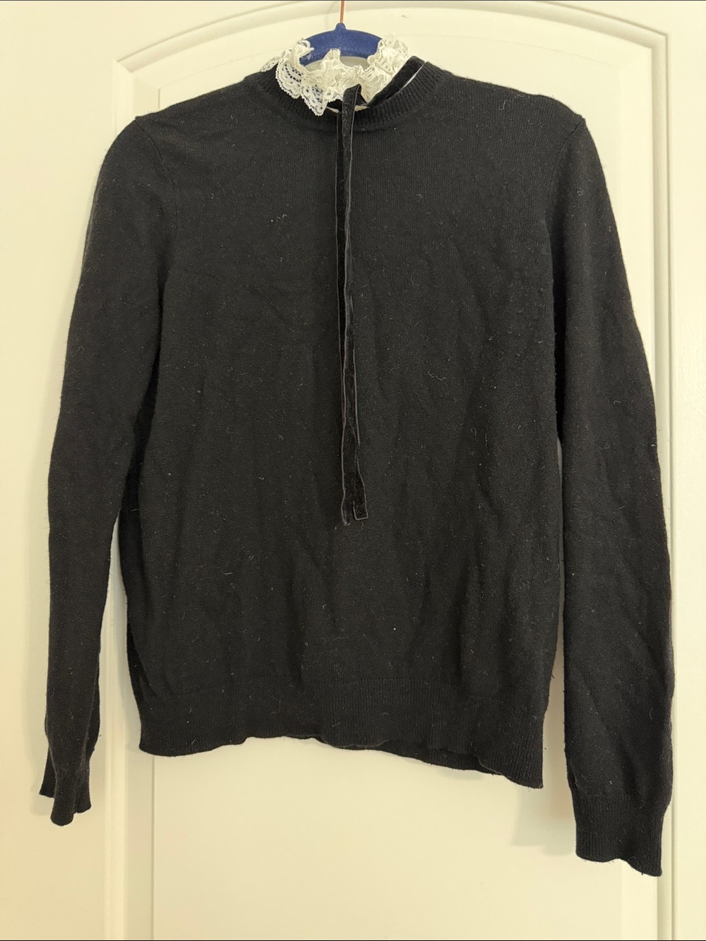 Sezane Cashmere Blend Sweater with Removable Silk Lace Collar Small S Black